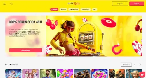 JustSpin Casino etusivu esittelee suosituimmat pelit ja bonuksen uusille pelaajille
