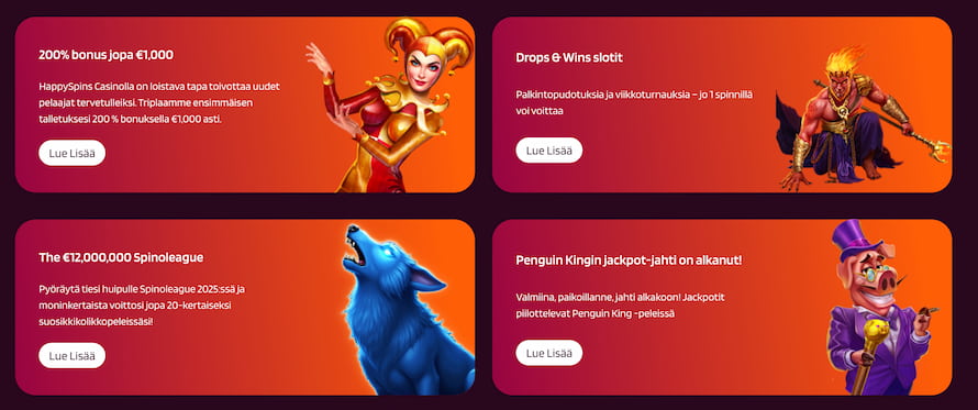 HappySpins tarjoaa bonuksia, turnauksia ja palkintopudotuksia