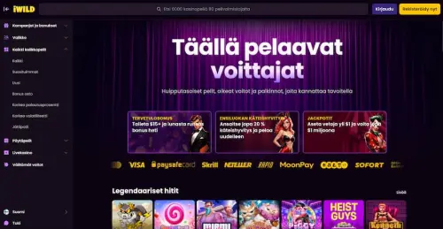 iWild Casino etusivulla esitellään bonuksia ja pelejä