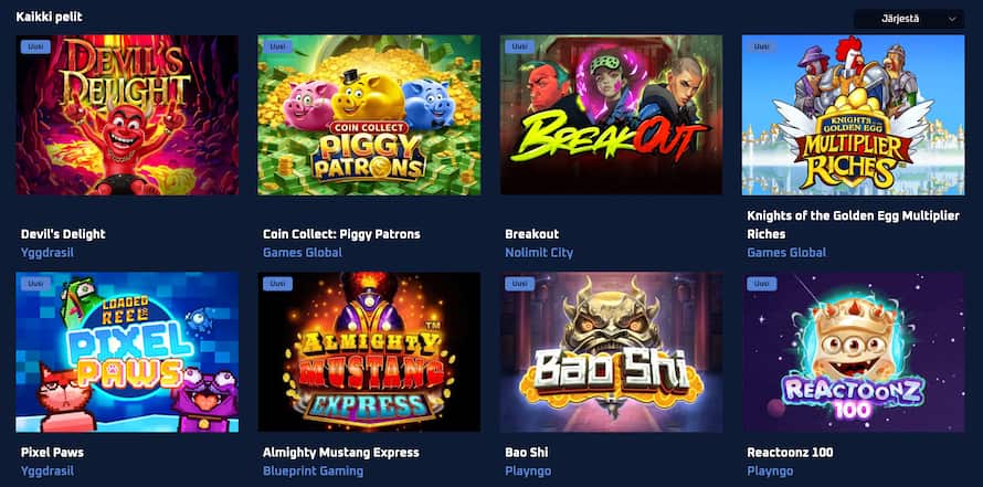 Lataamo Kasinon peleihin kuuluvat muun muassa Breakout ja Reactoonz 100