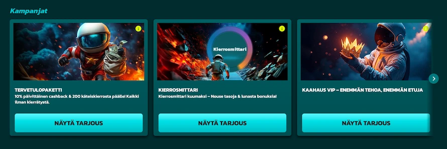 Kaahaus Kasinon kampanjoista löytyvät niin tervetulopaketti kuin kierrosmittari