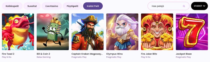 Rullat Kasinon kaikki pelit, mukaan lukien Fire Toad 2 ja Olympus Wins