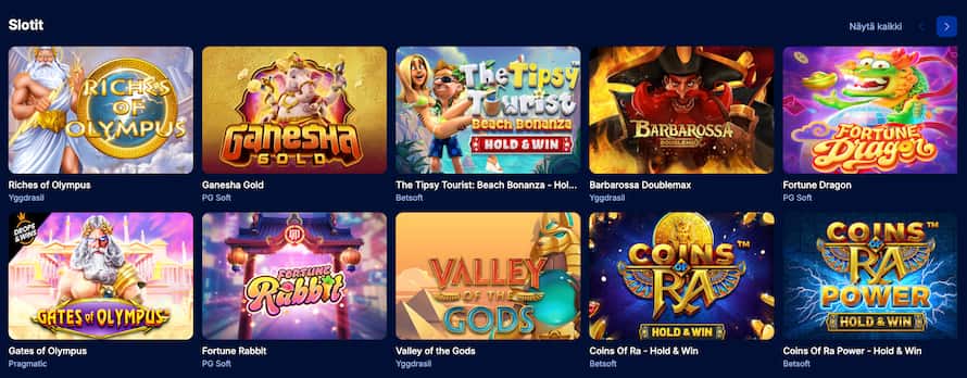 Spinny Casino tarjoaa kolikkopelejä, mukaan lukien Fortune Dragon ja Gates of Olympus