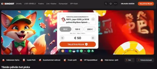 Casinoistin etusivulla kettu ja talletusikkuna