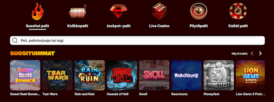 Flamez Casinon pelikategoriat, pelihaku ja suosituimmat pelit