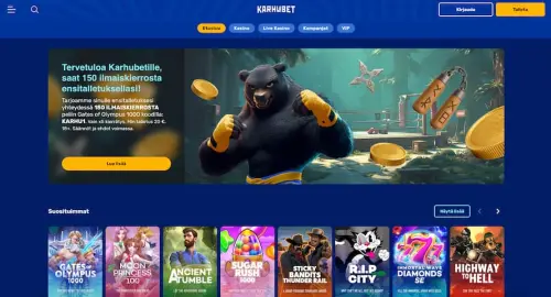 KarhuBet Casino etusivua komistaa puolustautuva karhu