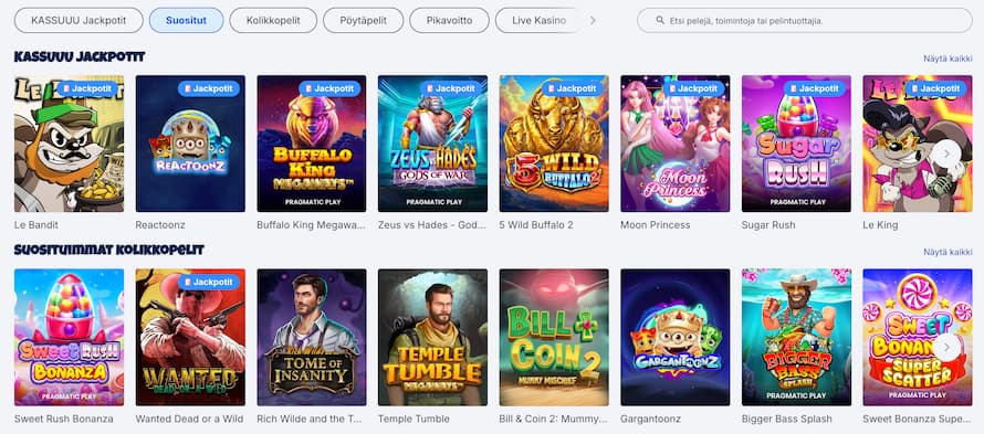 Kassuuu Casinon pelikategorioita ovat jackpotit ja suosituimmat kolikkopelit