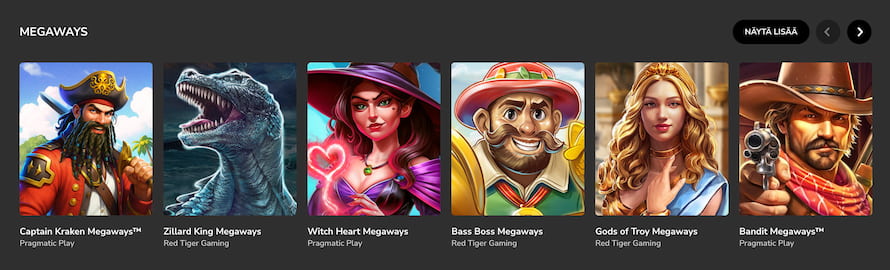 Hurmio Kasinon Megaways-pelejä ovat mm. Bandit Megaways ja Bass Boss Megaways.