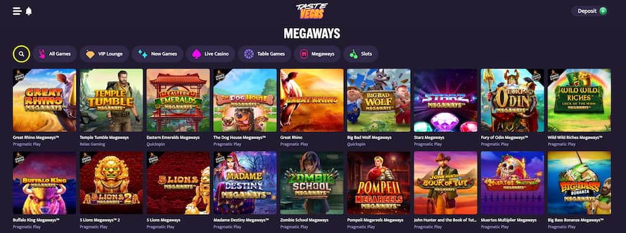 TasteVegas Casinon Megaways-pelit, mukaan lukien Temple Tumble ja Great Rhino