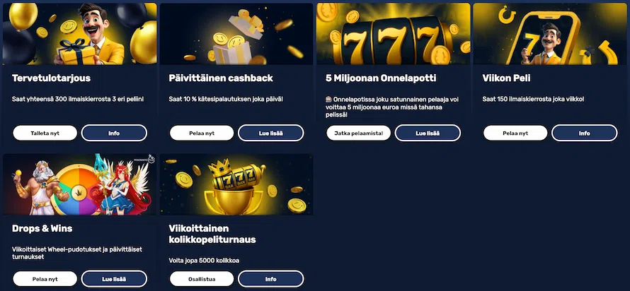 Onnela Kasinolla odottavat tervetulotarjous, cashback, viikon peli ja monet muut edut.