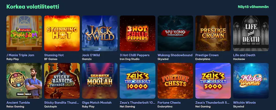 Blingi Casinon korkean volatiliteetin kolikkopelit esillä omana ryhmänään