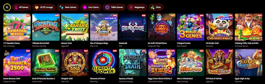 Huzzlin Casinon kolikkopelejä ovat mm. Sweet Bonanza 2500 ja 3 Magical Genies.