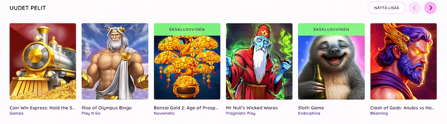 Tikkari Kasinon uusimpia kolikkopelejä, Sloth Game ja Bonsai Gold 2 mukaan lukien.