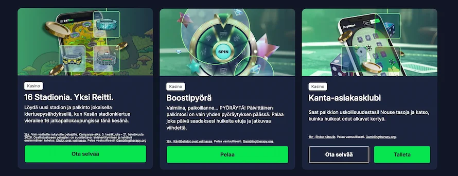247Bet Casinon kampanjat pitävät sisällään niin kanta-asiakasklubin kuin Boostipyörän edut.