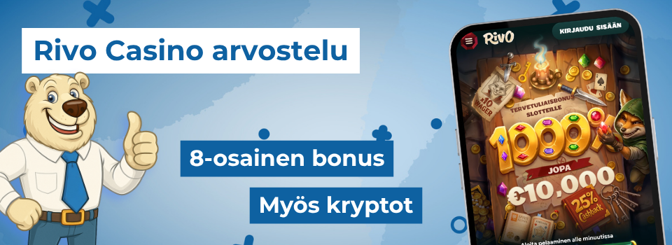 Rivo Casino tarjoaa 8-osaisen tervetulobonuksen sekä euro- ja kryptomaksut