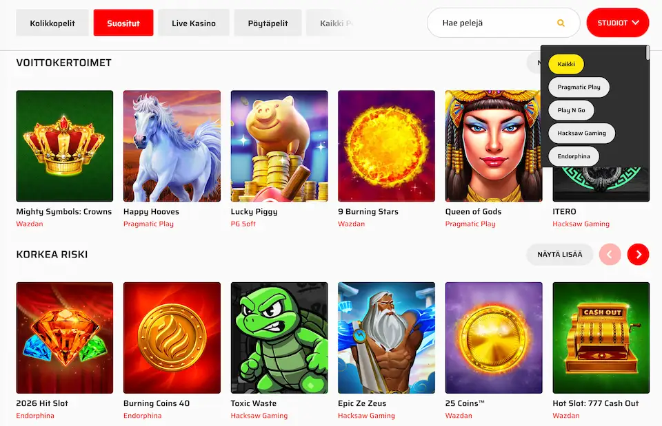 Hurjaa Casino peliaula ja suodattimet