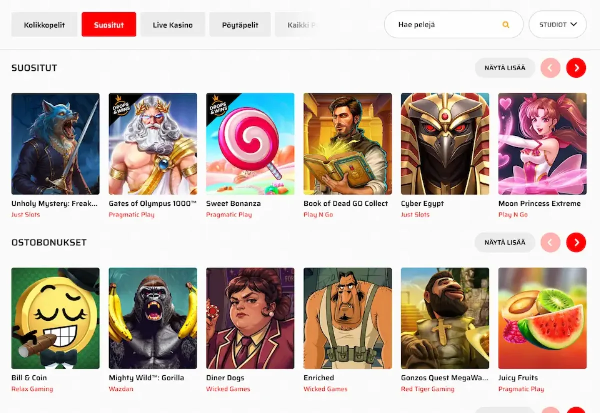 Hurjaa Casinon suositut pelit ja ostobonuspelit