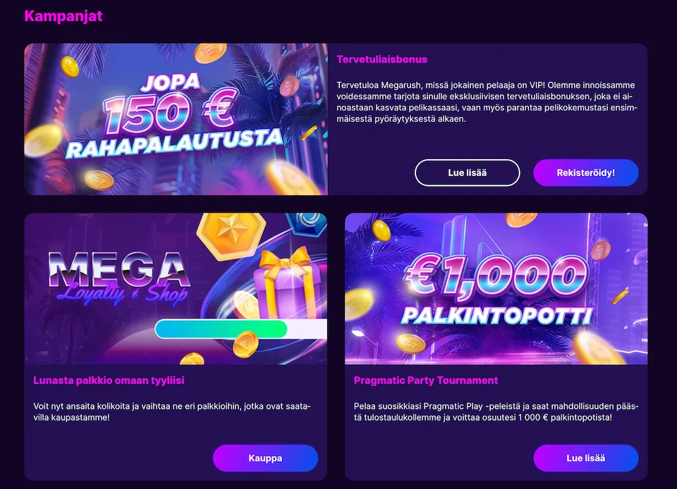 megarush casinolla tarjolla cashback, turnauksia ja vip-etuja