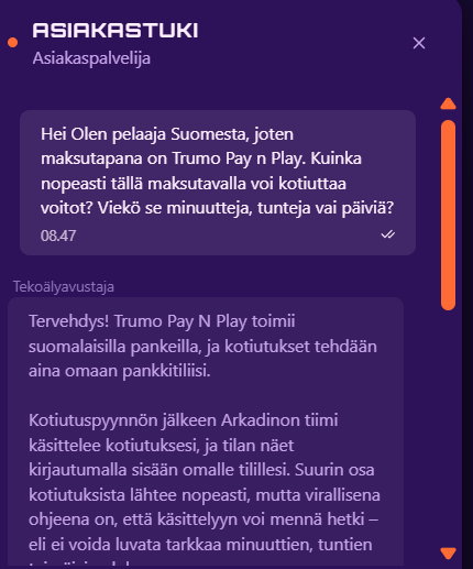 Kuvakaappaus Arkadino Casinon chatista