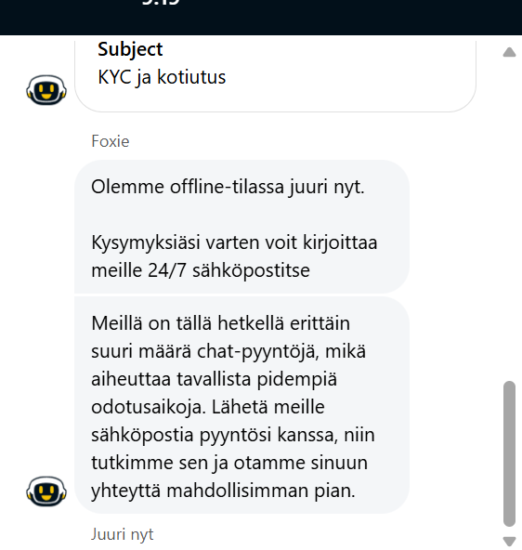 FoxyFlush asiakaspalvelu chatissa