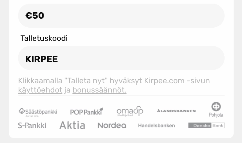 Kirpee Casinolle talletus bonuskoodin kera